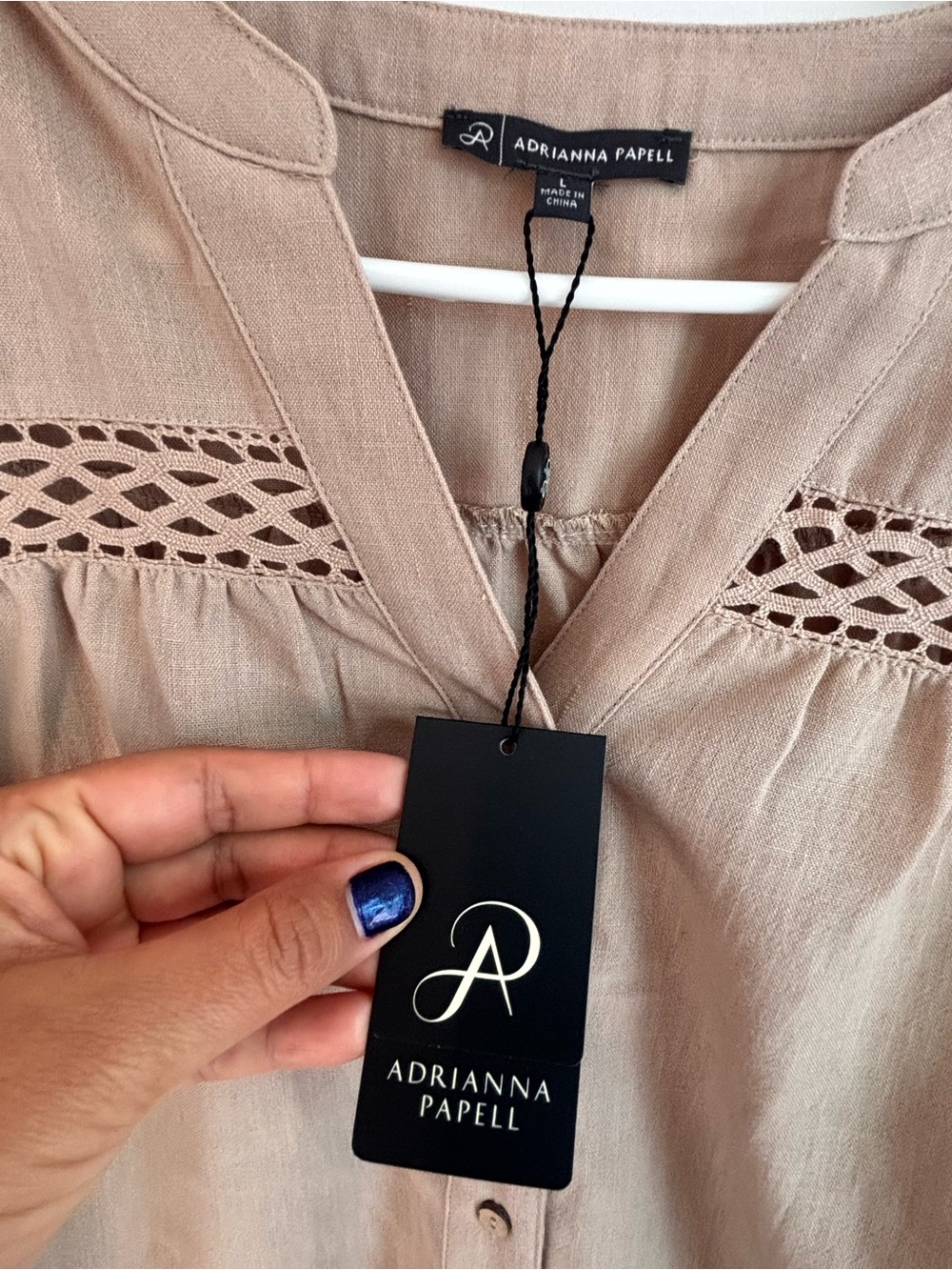 Adrianna Papell Taupe Crochet-Trim Button Front Blouse - Picture 2 of 6